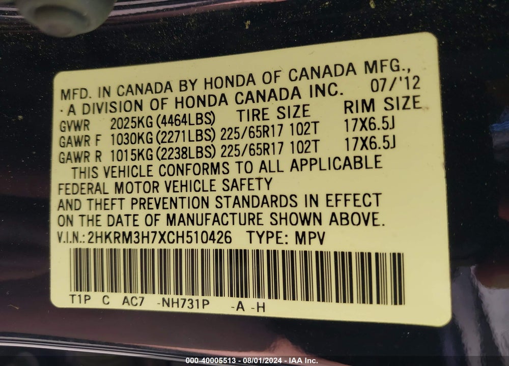 2012 HONDA CR-V EX-L VIN: 2HKRM3H7XCH510426