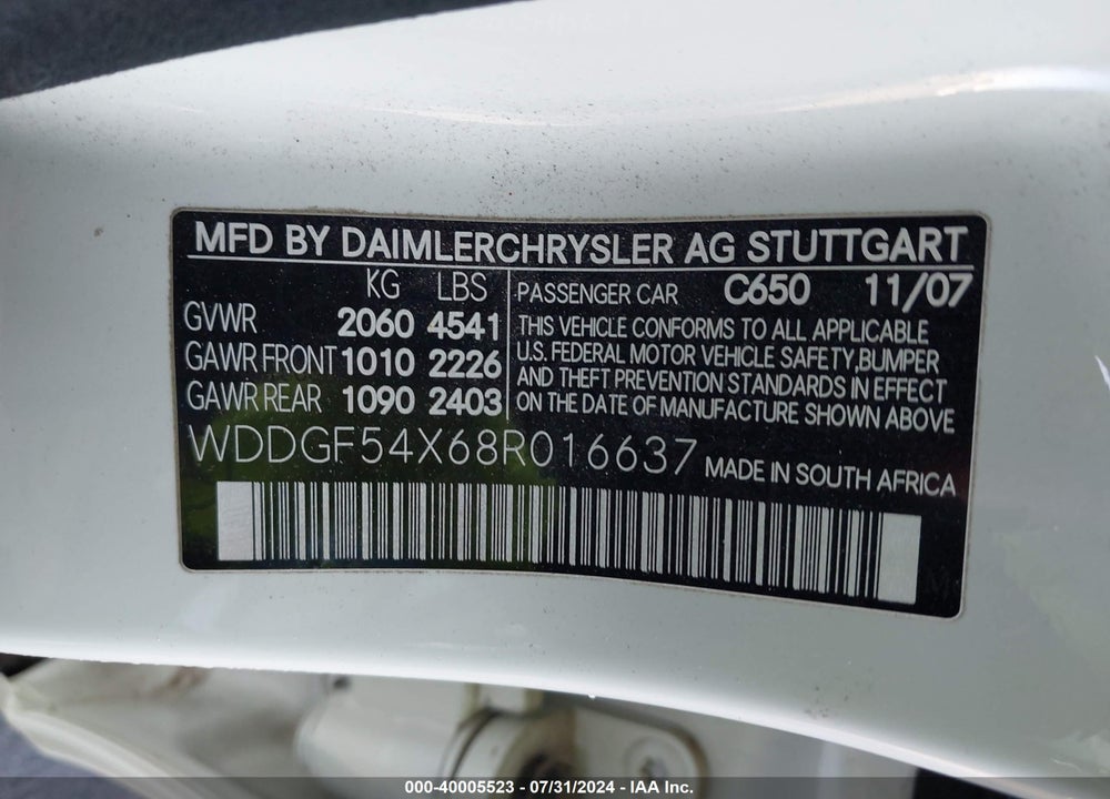 2008 MERCEDES-BENZ C 300 LUXURY/SPORT VIN: WDDGF54X68R016637