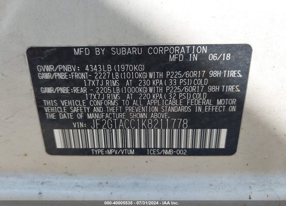2019 SUBARU CROSSTREK 2.0I PREMIUM VIN: JF2GTACC1K8211778