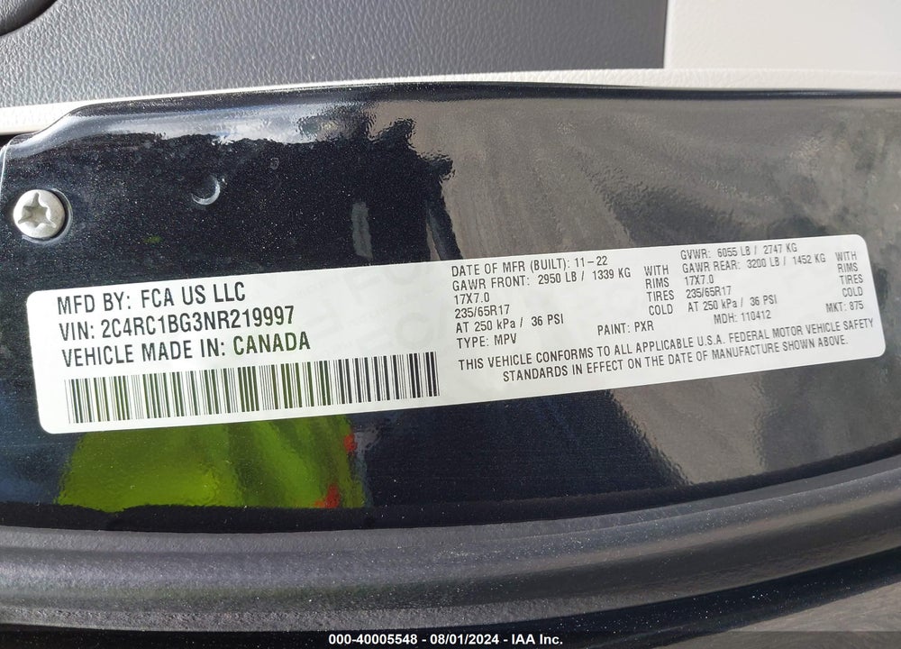 2022 CHRYSLER PACIFICA TOURING L VIN: 2C4RC1BG3NR219997