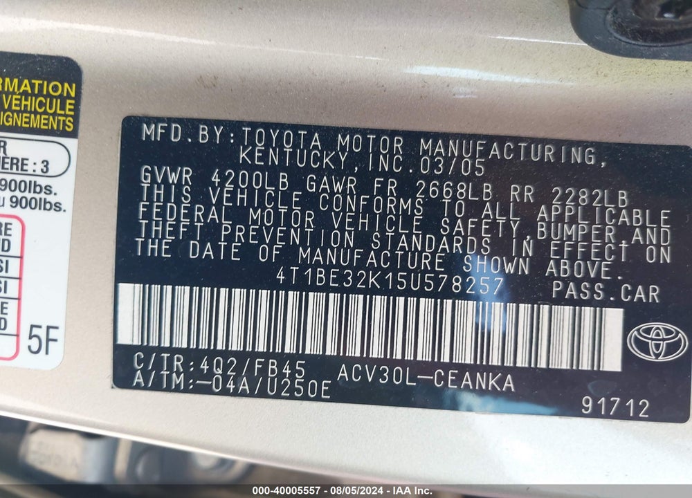 2005 TOYOTA CAMRY LE VIN: 4T1BE32K15U578257