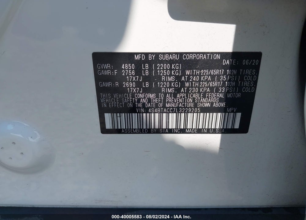 2020 SUBARU OUTBACK PREMIUM VIN: 4S4BTACC7L3229205