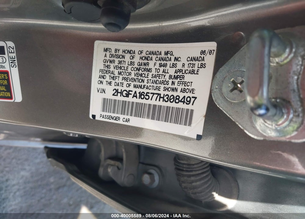 2007 HONDA CIVIC LX VIN: 2HGFA16577H308497