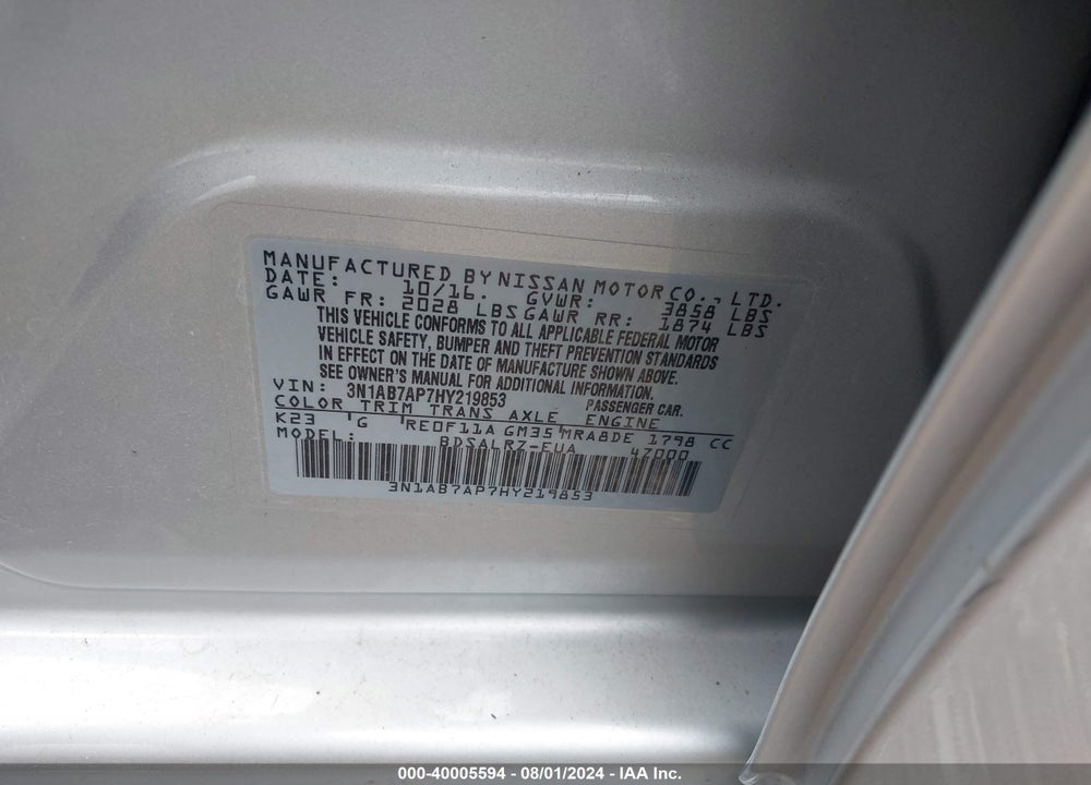 2017 NISSAN SENTRA SR VIN: 3N1AB7AP7HY219853