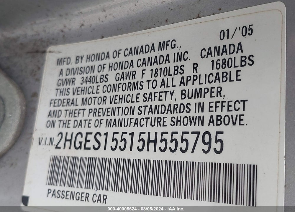 2005 HONDA CIVIC LX VIN: 2HGES15515H555795