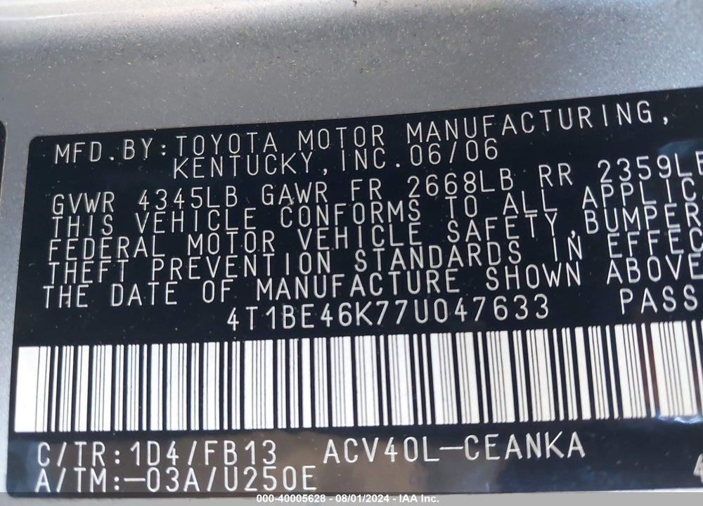 2007 TOYOTA CAMRY CE/LE/SE/XLE VIN: 4T1BE46K77U047633