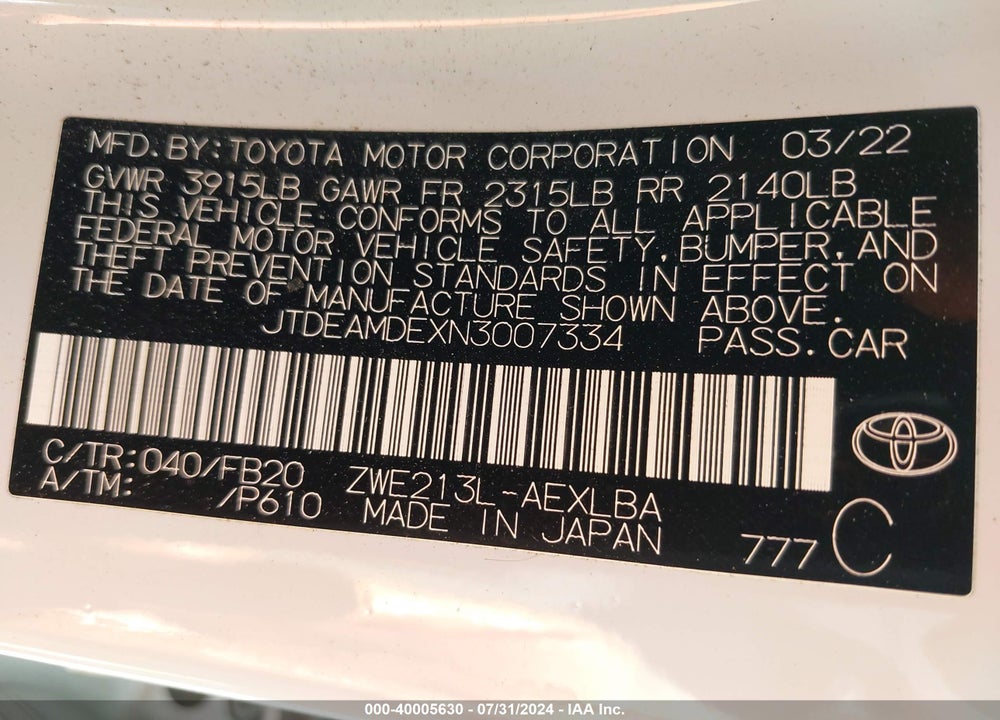2022 TOYOTA COROLLA HYBRID LE VIN: JTDEAMDEXN3007334