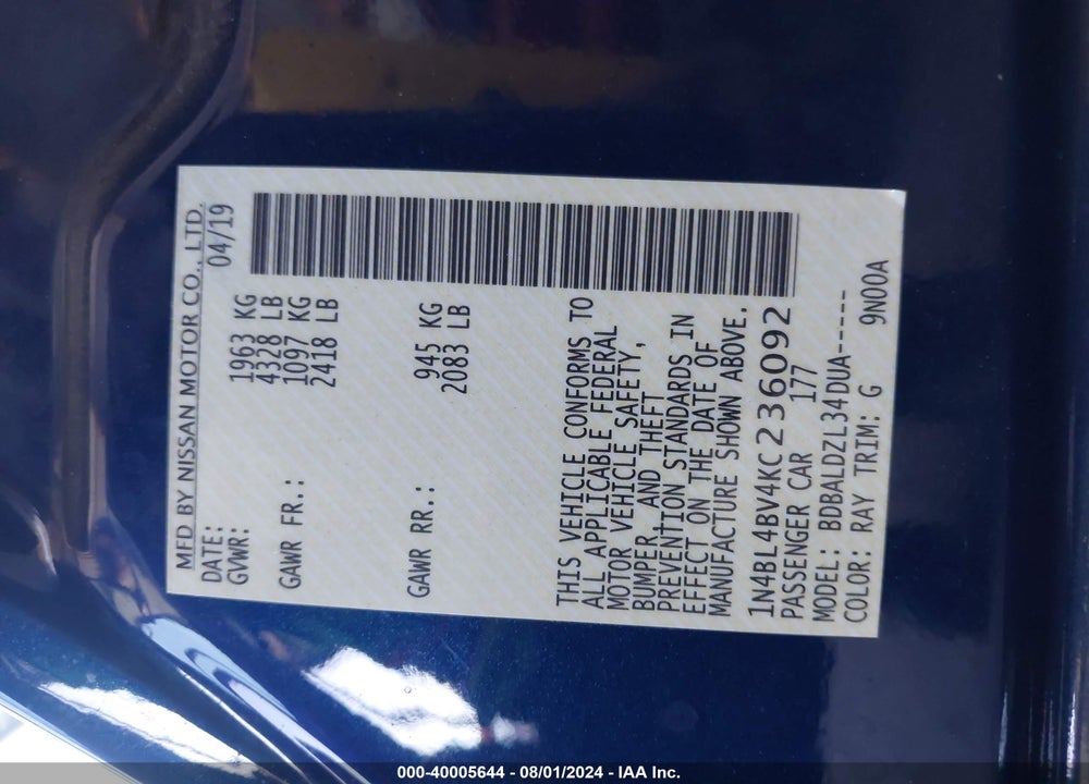 2019 NISSAN ALTIMA 2.5 S VIN: 1N4BL4BV4KC236092