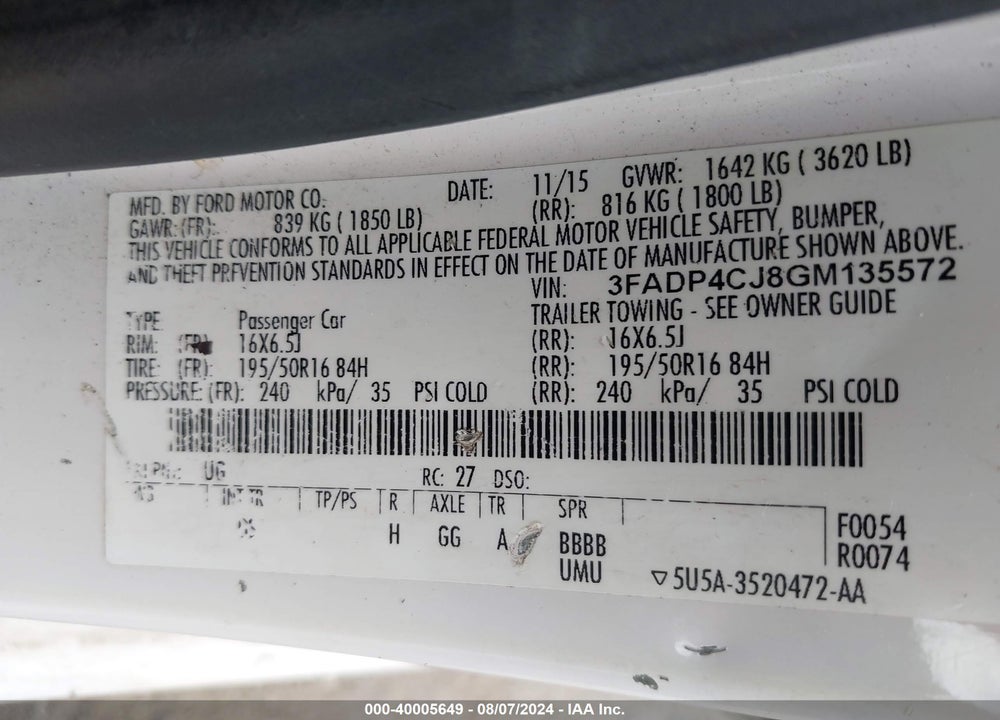 2016 FORD FIESTA TITANIUM VIN: 3FADP4CJ8GM135572