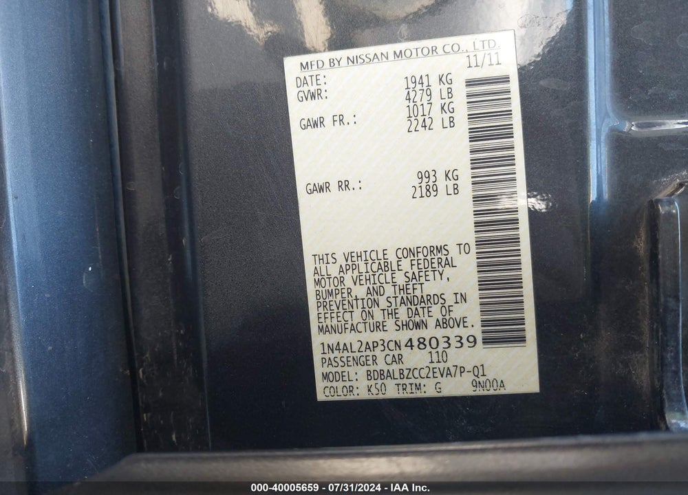 2012 NISSAN ALTIMA 2.5 S VIN: 1N4AL2AP3CN480339