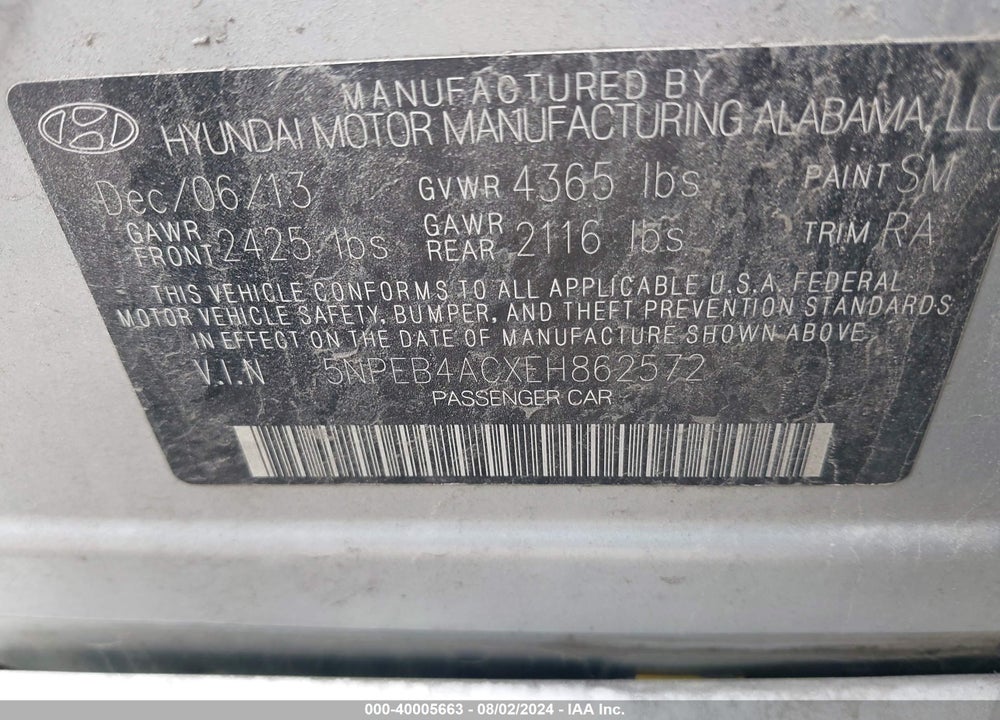 2014 HYUNDAI SONATA GLS VIN: 5NPEB4ACXEH862572