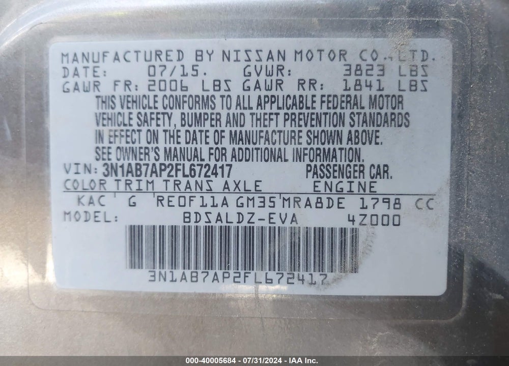 2015 NISSAN SENTRA FE+ S/S/SL/SR/SV VIN: 3N1AB7AP2FL672417