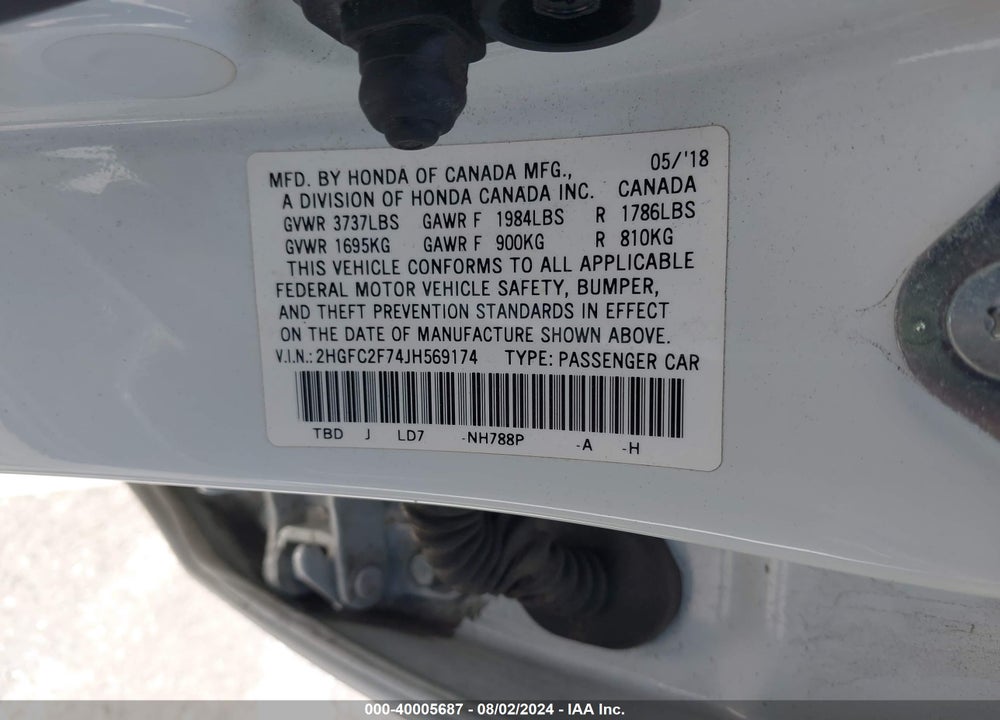 2018 HONDA CIVIC EX VIN: 2HGFC2F74JH569174