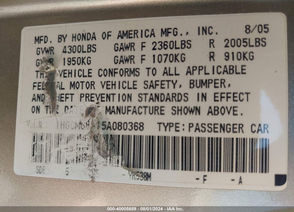 2005 HONDA ACCORD 3.0 EX VIN: 1HGCM66515A080368