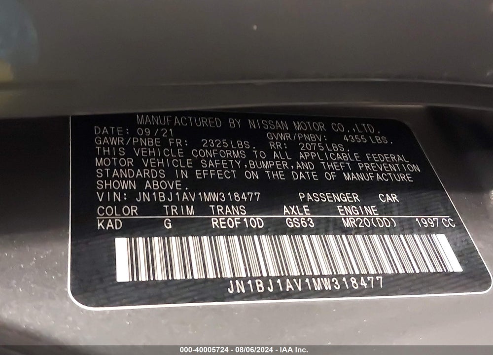 2021 NISSAN ROGUE SPORT S FWD XTRONIC CVT VIN: JN1BJ1AV1MW318477