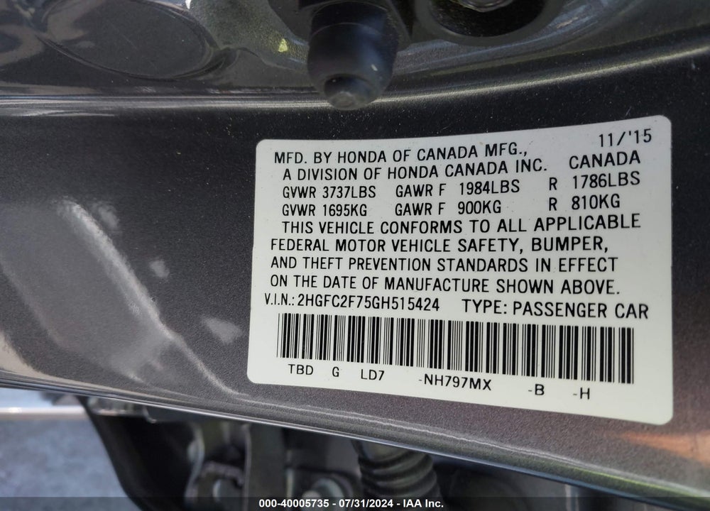 2016 HONDA CIVIC EX VIN: 2HGFC2F75GH515424