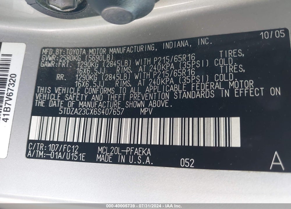 2006 TOYOTA SIENNA LE VIN: 5TDZA23CX6S407657