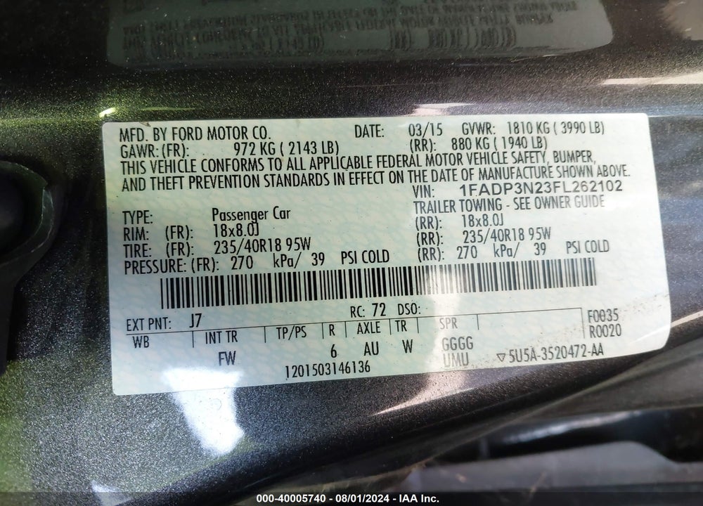 2015 FORD FOCUS TITANIUM VIN: 1FADP3N23FL262102