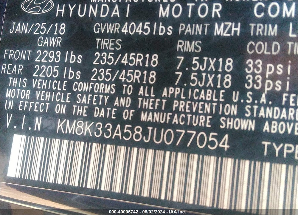 2018 HYUNDAI KONA LIMITED VIN: KM8K33A58JU077054