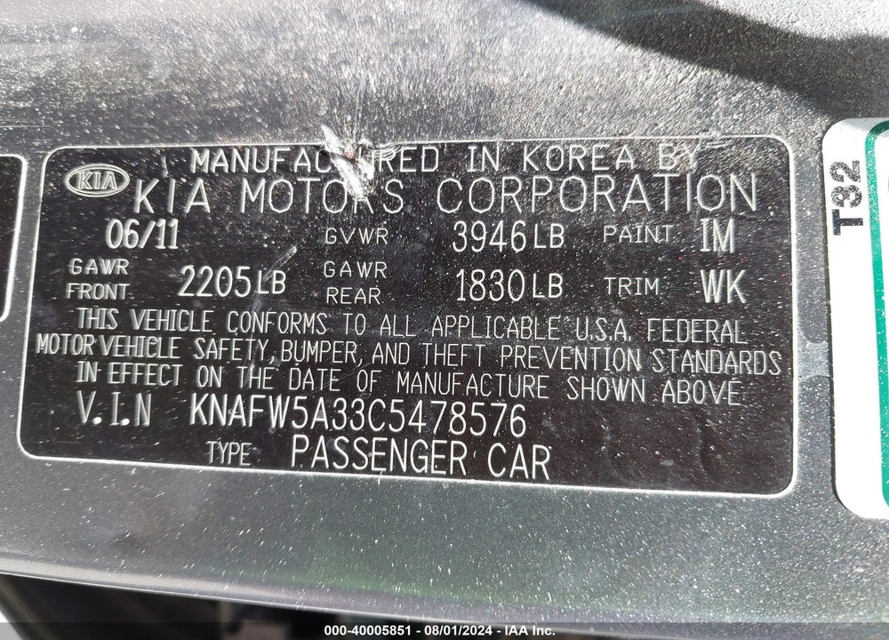 2012 KIA FORTE VIN: KNAFW5A33C5478576