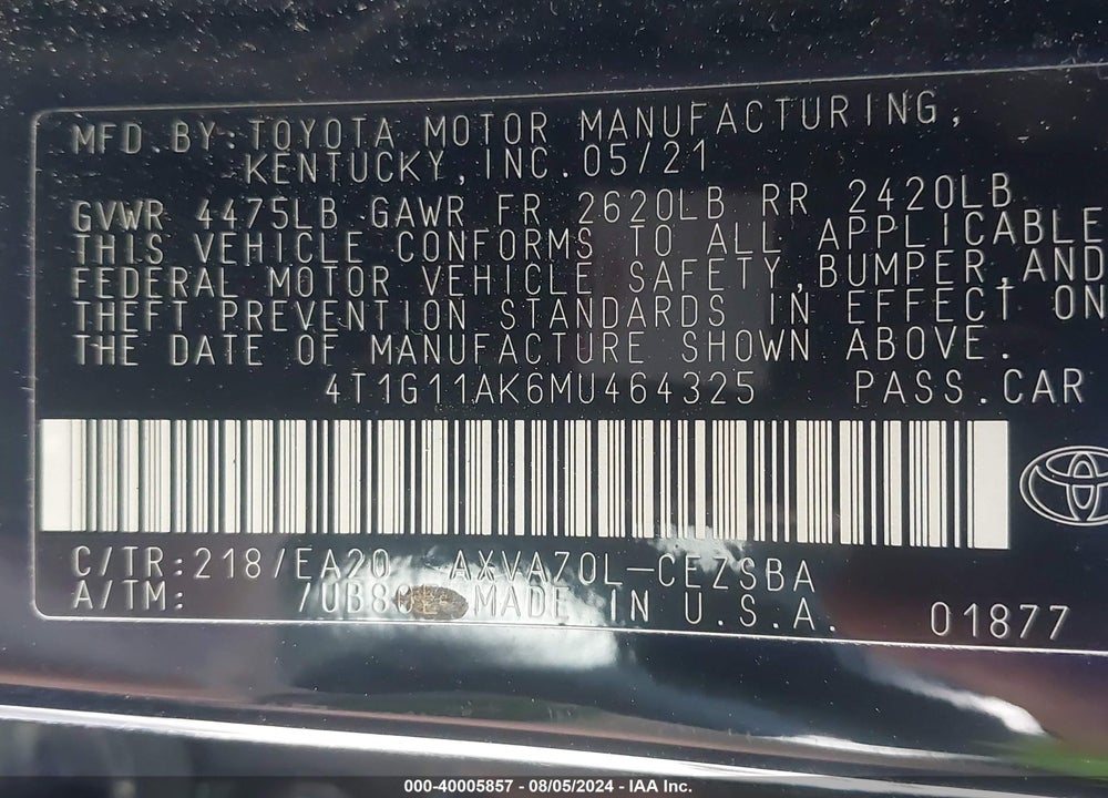 2021 TOYOTA CAMRY SE VIN: 4T1G11AK6MU464325