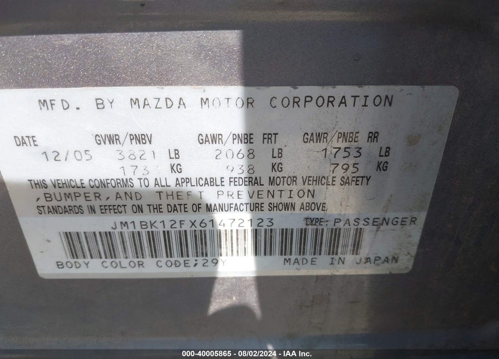 2006 MAZDA 3 I VIN: JM1BK12FX61472123