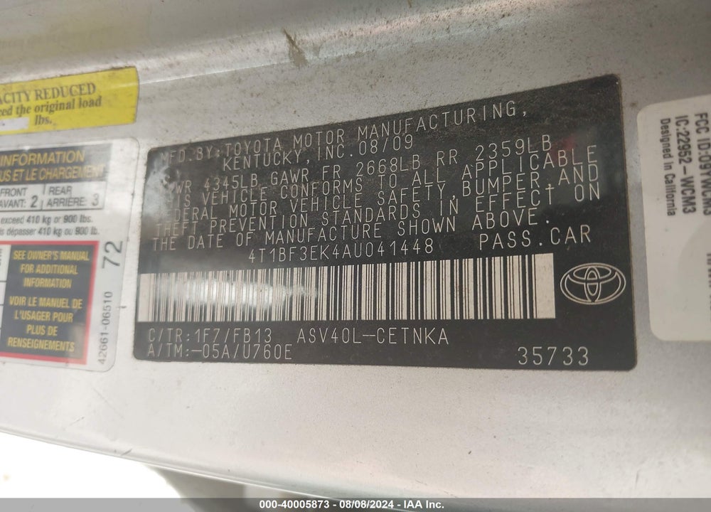 2010 TOYOTA CAMRY LE VIN: 4T1BF3EK4AU041448