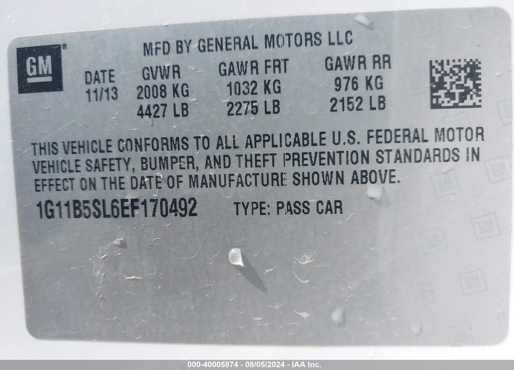 2014 CHEVROLET MALIBU VIN: 1G11B5SL6EF170492