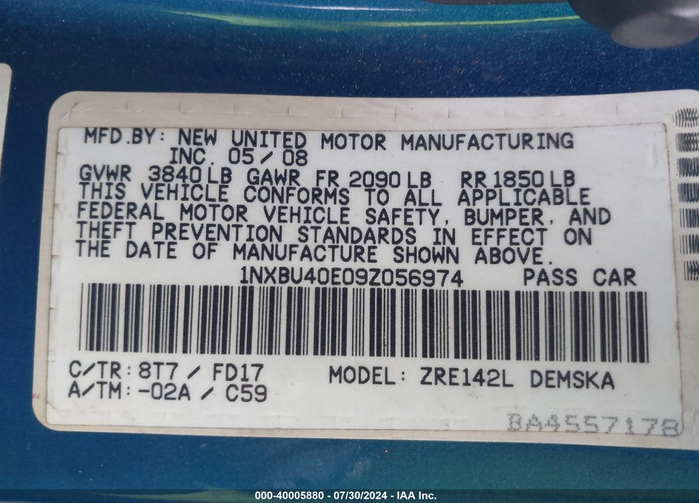 2009 TOYOTA COROLLA S VIN: 1NXBU40E09Z056974