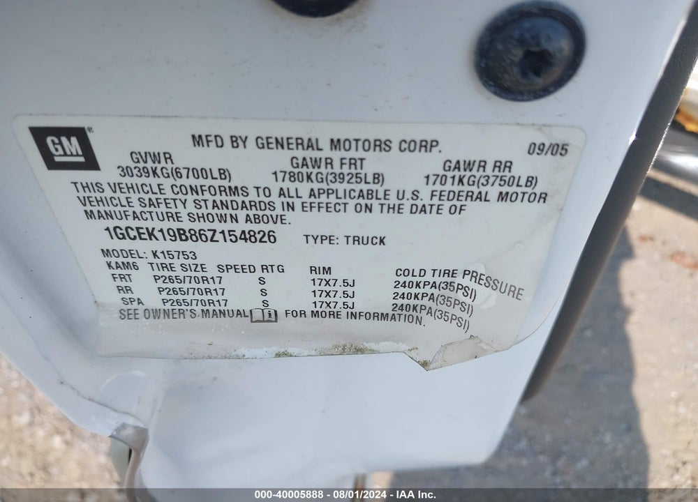 2006 CHEVROLET SILVERADO 1500 LT2 VIN: 1GCEK19B86Z154826