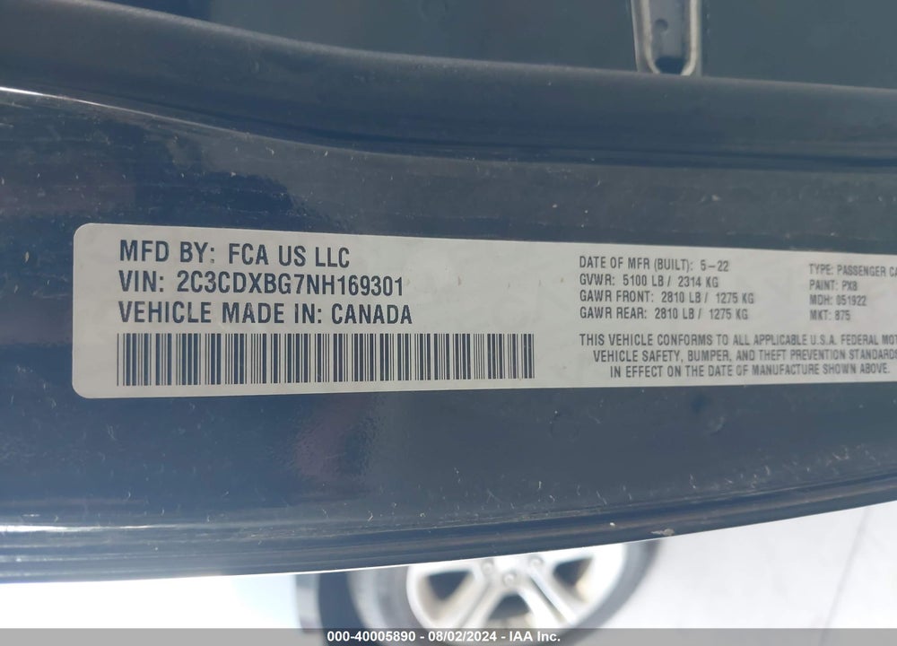 2022 DODGE CHARGER SXT RWD VIN: 2C3CDXBG7NH169301