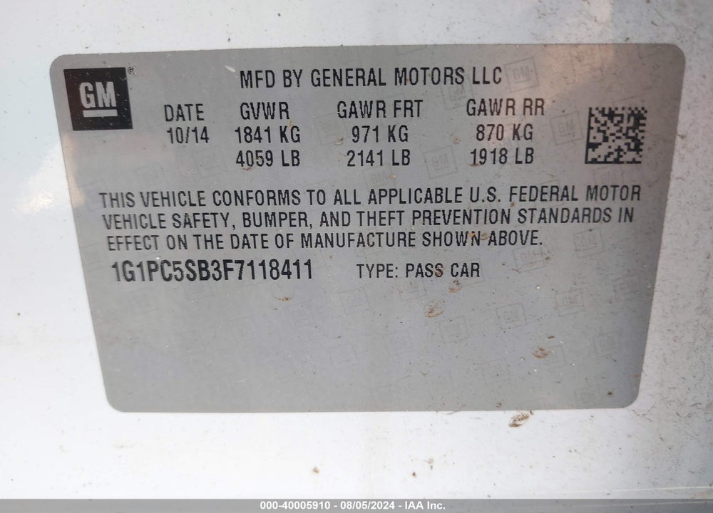 2015 CHEVROLET CRUZE 1LT AUTO VIN: 1G1PC5SB3F7118411