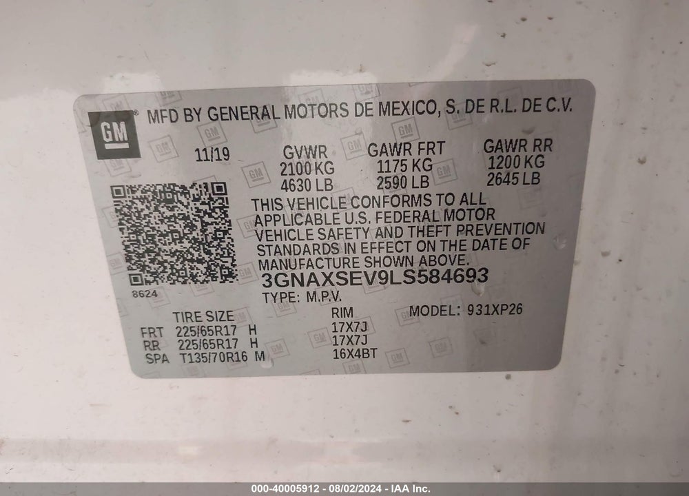 2020 CHEVROLET EQUINOX AWD LS VIN: 3GNAXSEV9LS584693