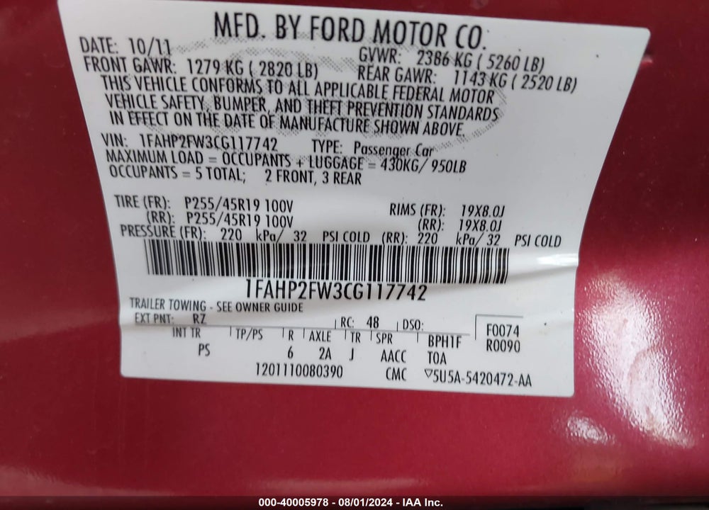 2012 FORD TAURUS LIMITED VIN: 1FAHP2FW3CG117742