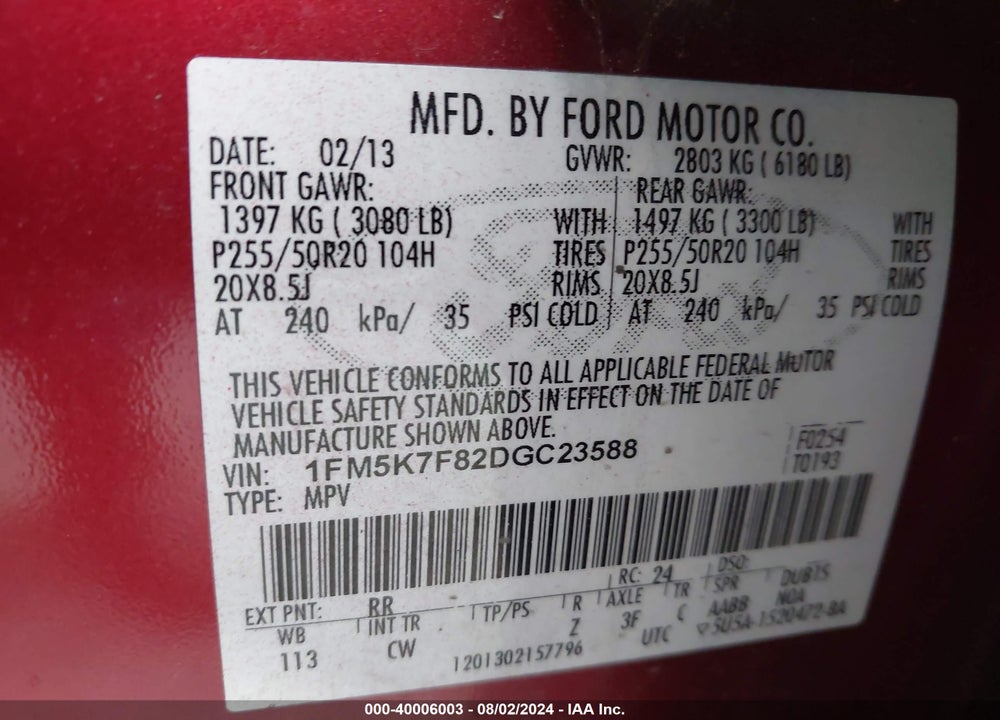 2013 FORD EXPLORER LIMITED VIN: 1FM5K7F82DGC23588