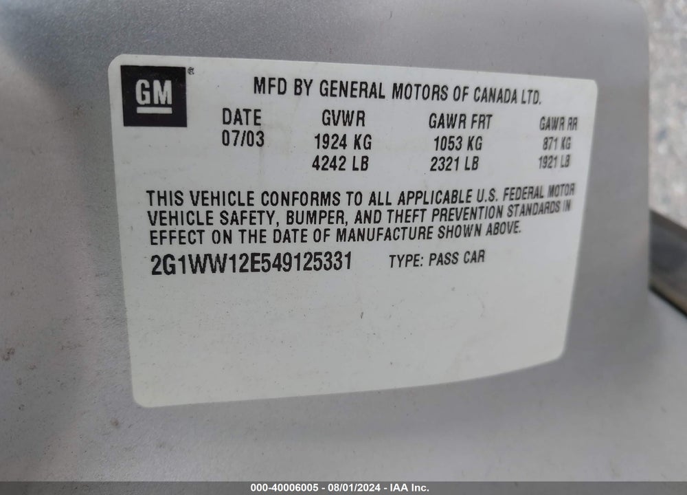2004 CHEVROLET MONTE CARLO VIN: 2G1WW12E549125331