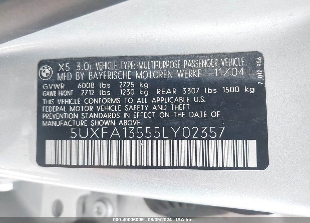 2005 BMW X5 3.0I VIN: 5UXFA13555LY02357
