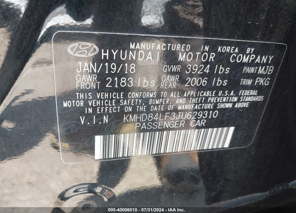 2018 HYUNDAI ELANTRA SEL VIN: KMHD84LF3JU629310