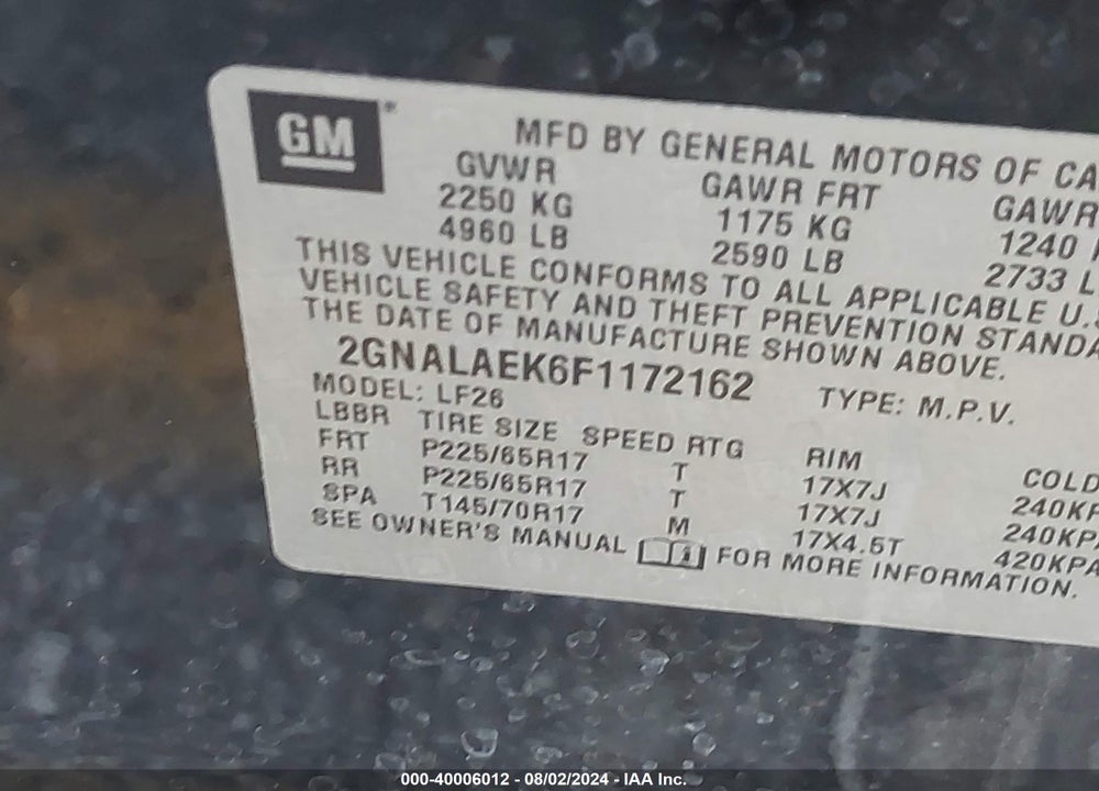 2015 CHEVROLET EQUINOX LS VIN: 2GNALAEK6F1172162