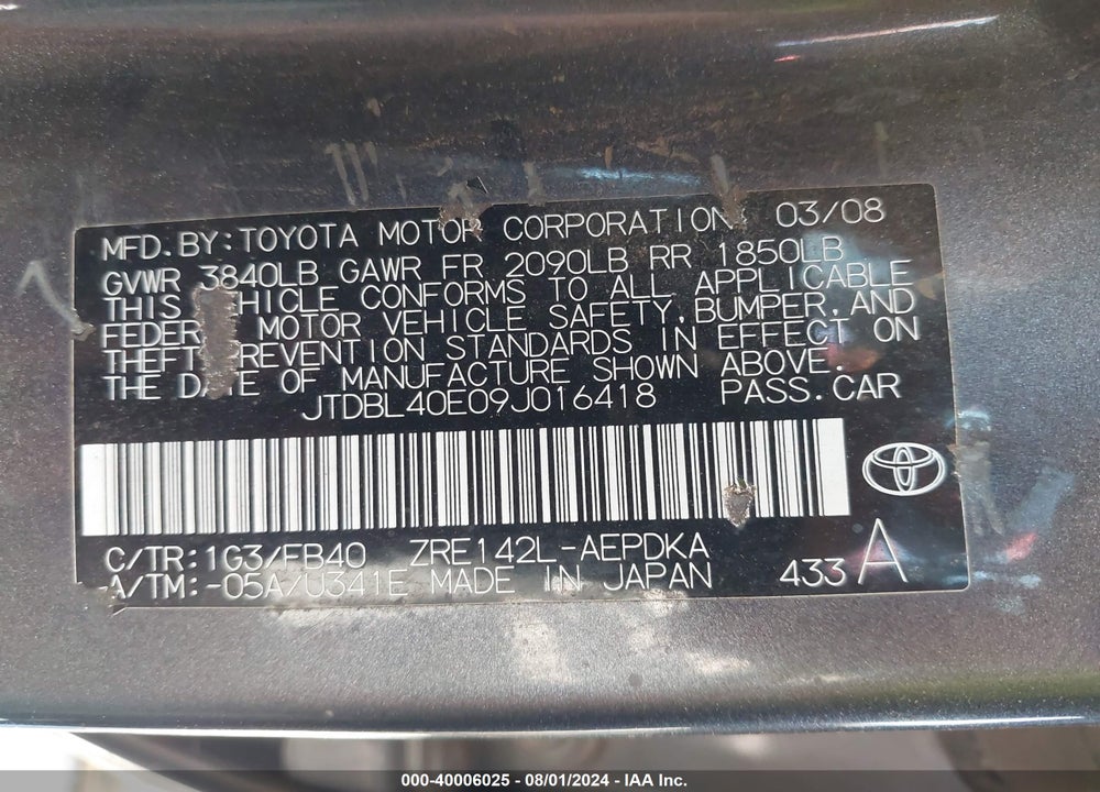 2009 TOYOTA COROLLA LE VIN: JTDBL40E09J016418