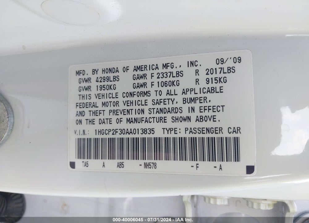 2010 HONDA ACCORD 2.4 LX VIN: 1HGCP2F30AA013835