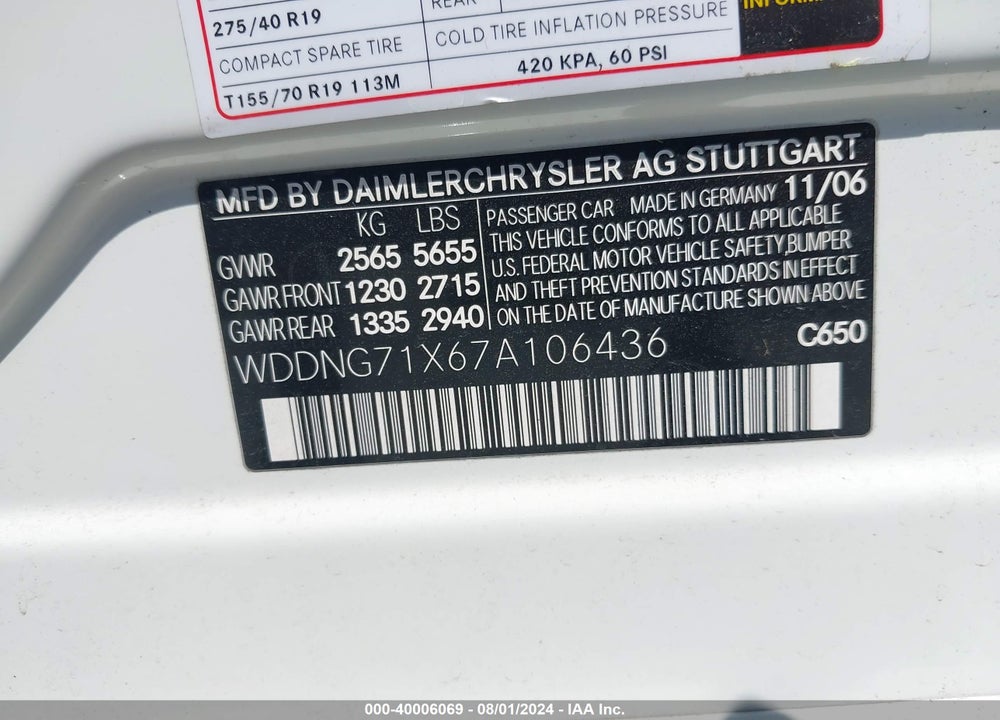 2007 MERCEDES-BENZ S 550 VIN: WDDNG71X67A106436