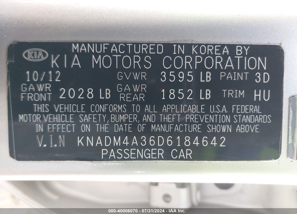2013 KIA RIO LX VIN: KNADM4A36D6184642