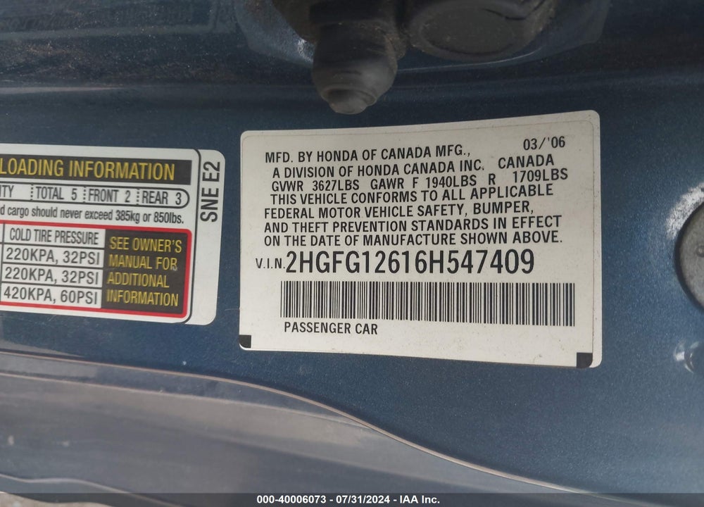 2006 HONDA CIVIC LX VIN: 2HGFG12616H547409