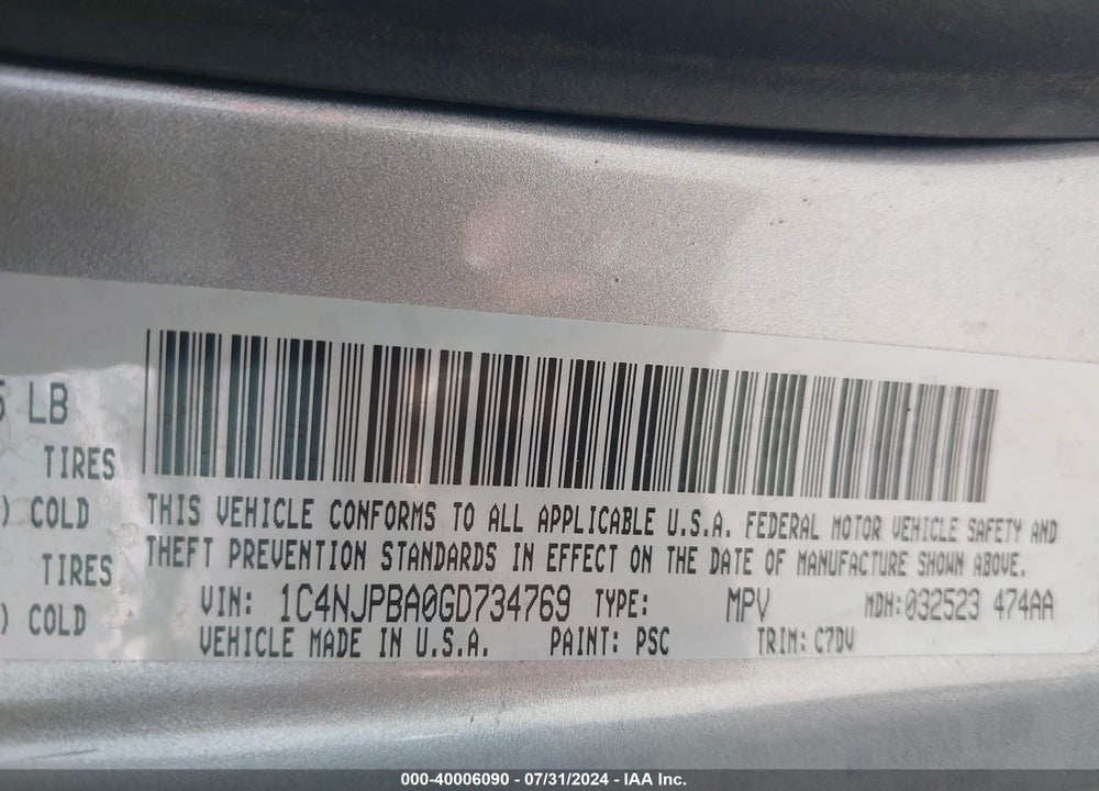 2016 JEEP PATRIOT SPORT VIN: 1C4NJPBA0GD734769