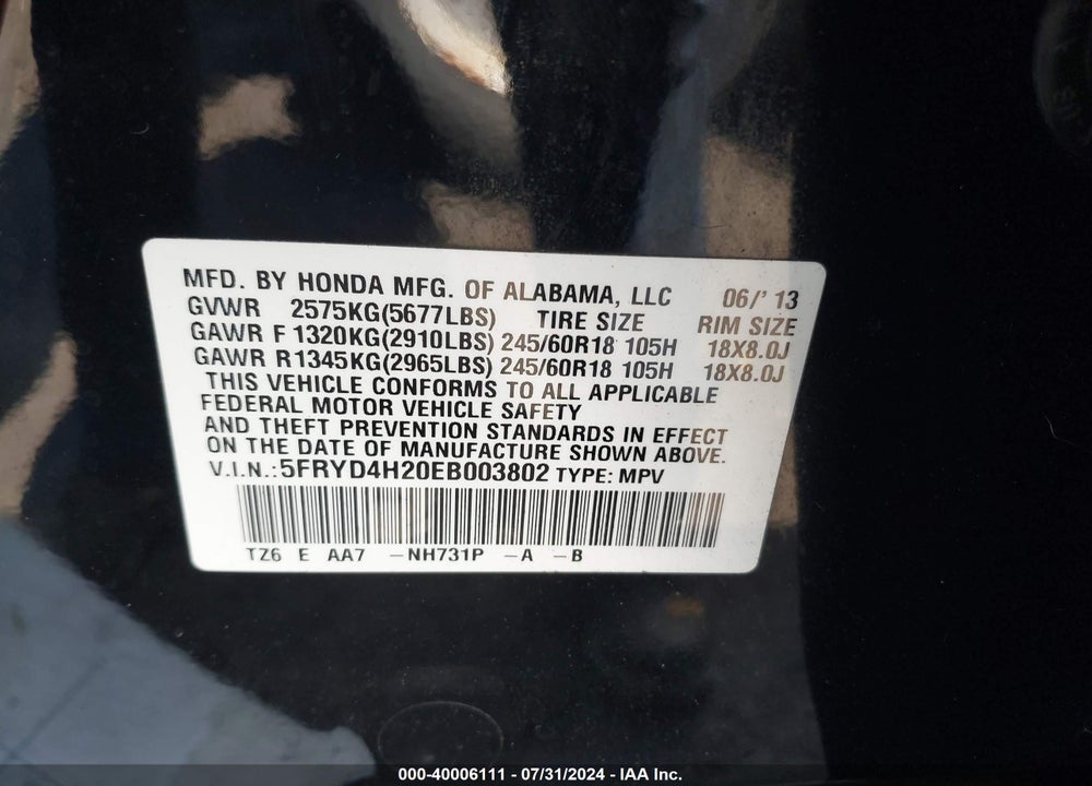 2014 ACURA MDX VIN: 5FRYD4H20EB003802