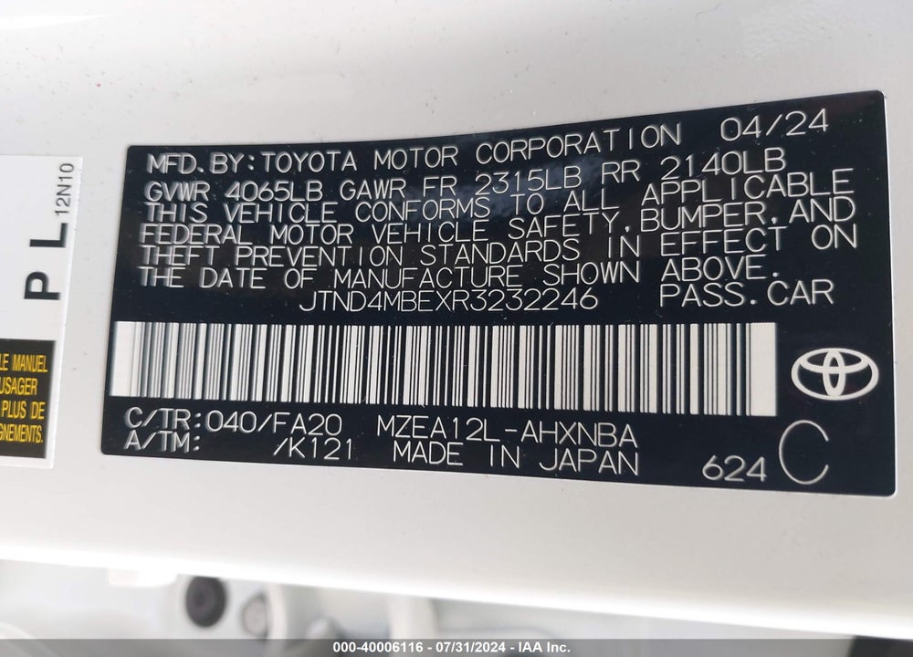 2024 TOYOTA COROLLA SE VIN: JTND4MBEXR3232246