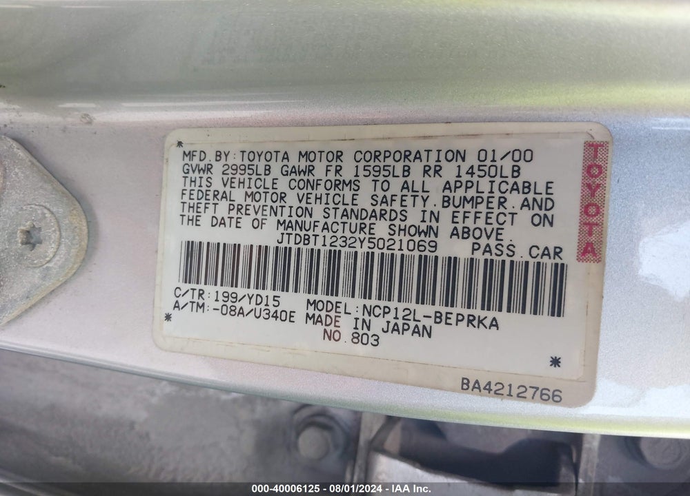 2000 TOYOTA ECHO VIN: JTDBT1232Y5021069