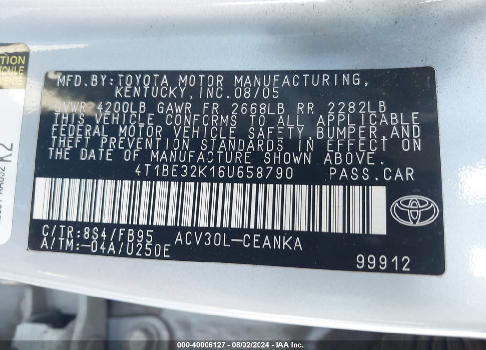 2006 TOYOTA CAMRY LE VIN: 4T1BE32K16U658790