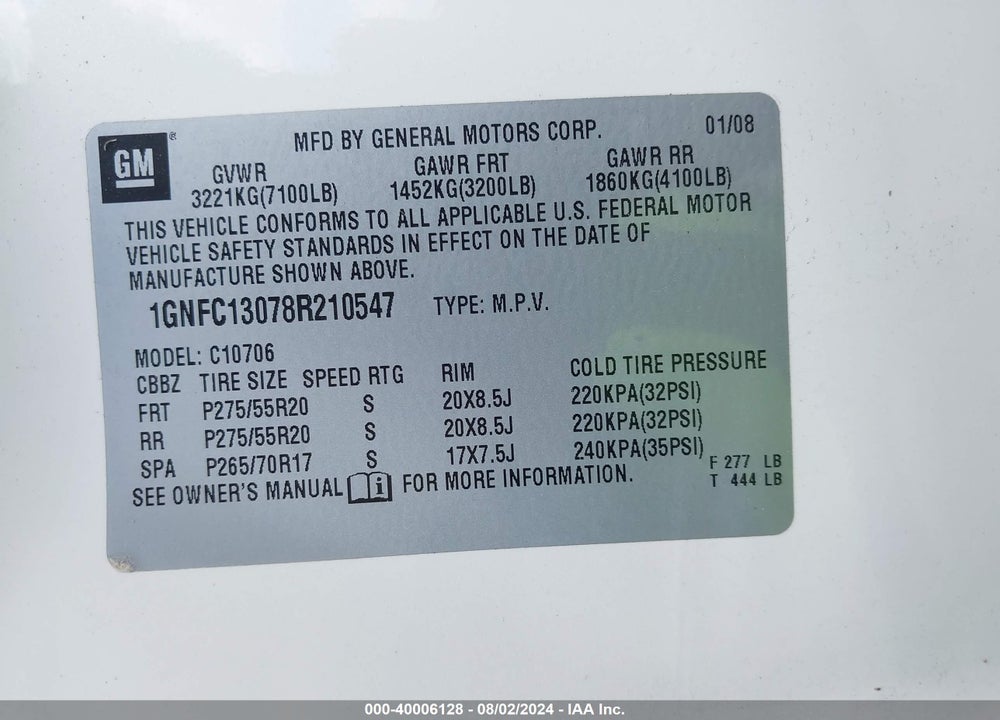 2008 CHEVROLET TAHOE LTZ VIN: 1GNFC13078R210547